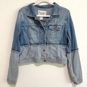 American Rag Womens Denim Jeans Jacket L Blue Crop Festival Cowgirl Western Boho